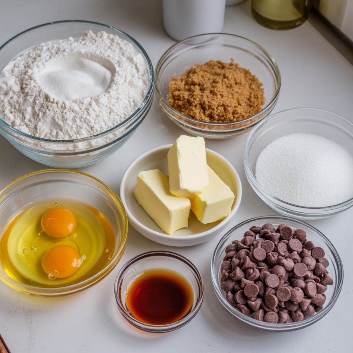 Overhead view of ingredients for chocolate chip blondies including flour, sugars, butter, eggs, vanilla, and chocolate chips on a white kitchen counter.