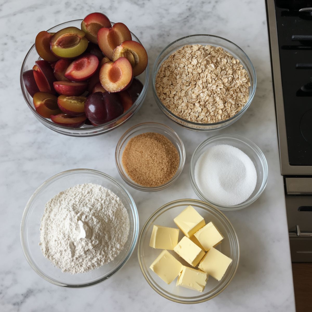 Overhead shot of fresh plums, oats, flour, butter, and sugar ingredients for making homemade plum crisp on a white marble kitchen counter.