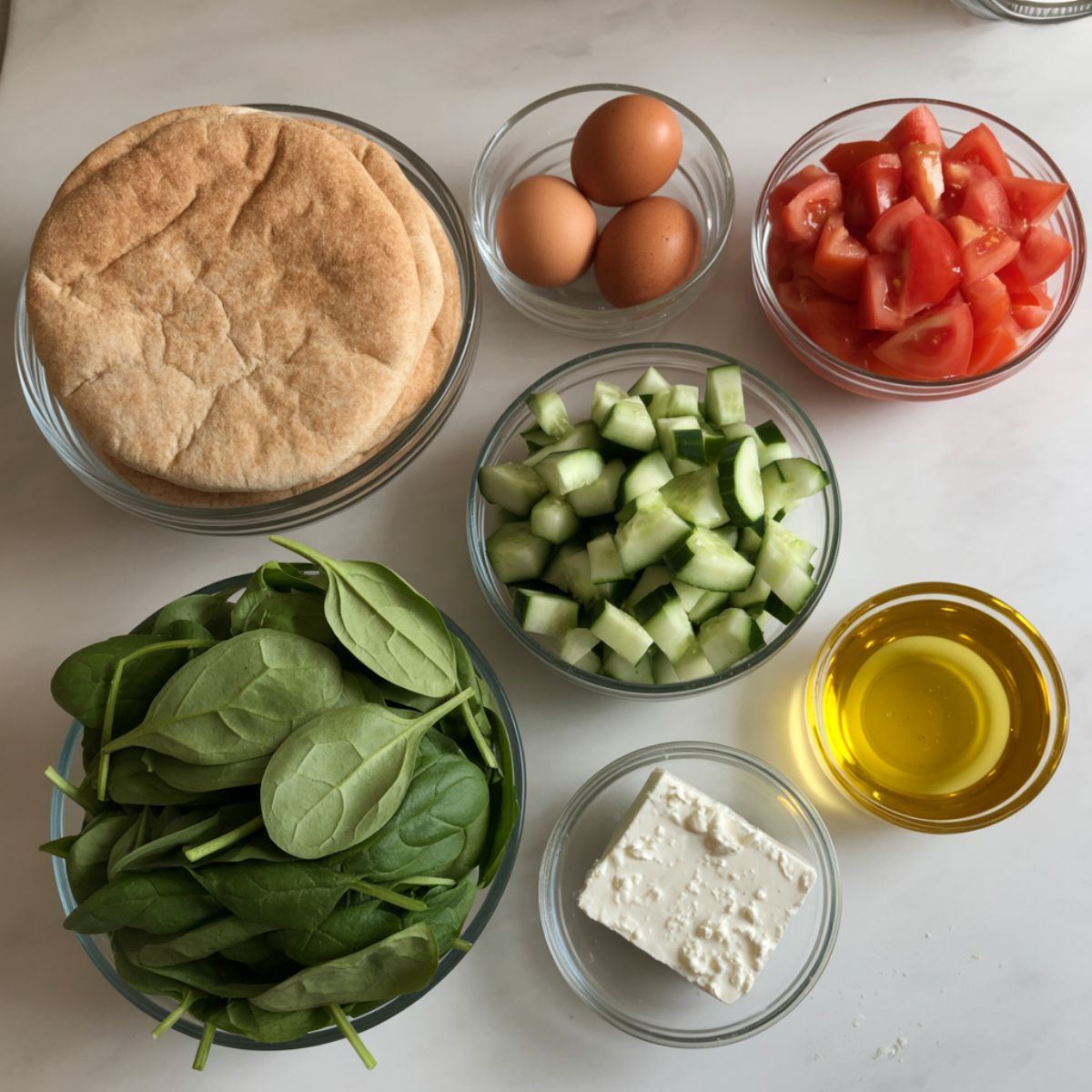Overhead view of pita bread, eggs, chopped vegetables, spinach, feta, and olive oil on a white kitchen counter for a breakfast pita recipe.