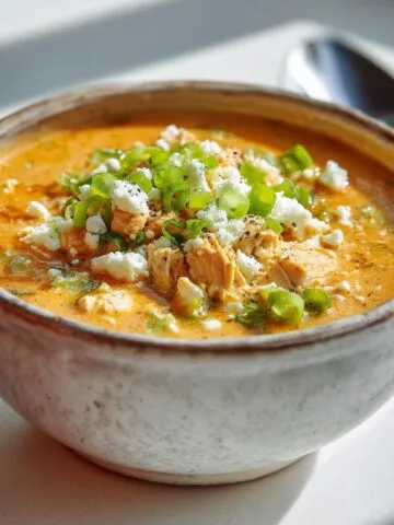 Homemade buffalo chicken soup recipe served in a rustic bowl on a white kitchen counter, photographed from above with a casual homemade look.