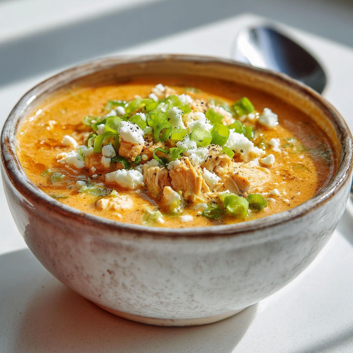 Homemade buffalo chicken soup recipe served in a rustic bowl on a white kitchen counter, photographed from above with a casual homemade look.