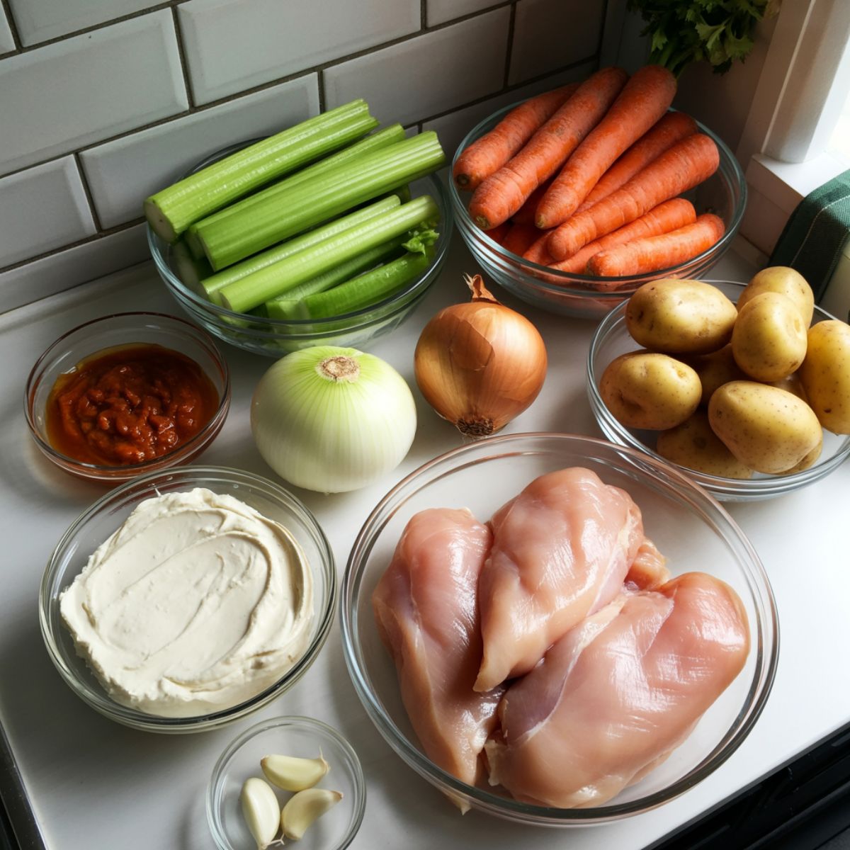 Buffalo chicken soup ingredients laid out on a white kitchen counter, including chicken, carrots, celery, onion, buffalo sauce, and cream cheese, photographed from overhead with a homemade casual style.