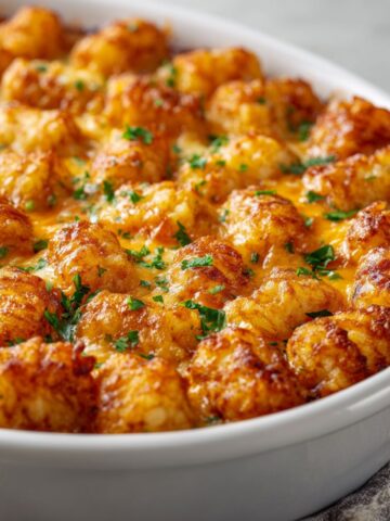 Homemade buffalo chicken tater tot casserole recipe with crispy golden tots and melted cheese on a white kitchen counter, photographed from above.