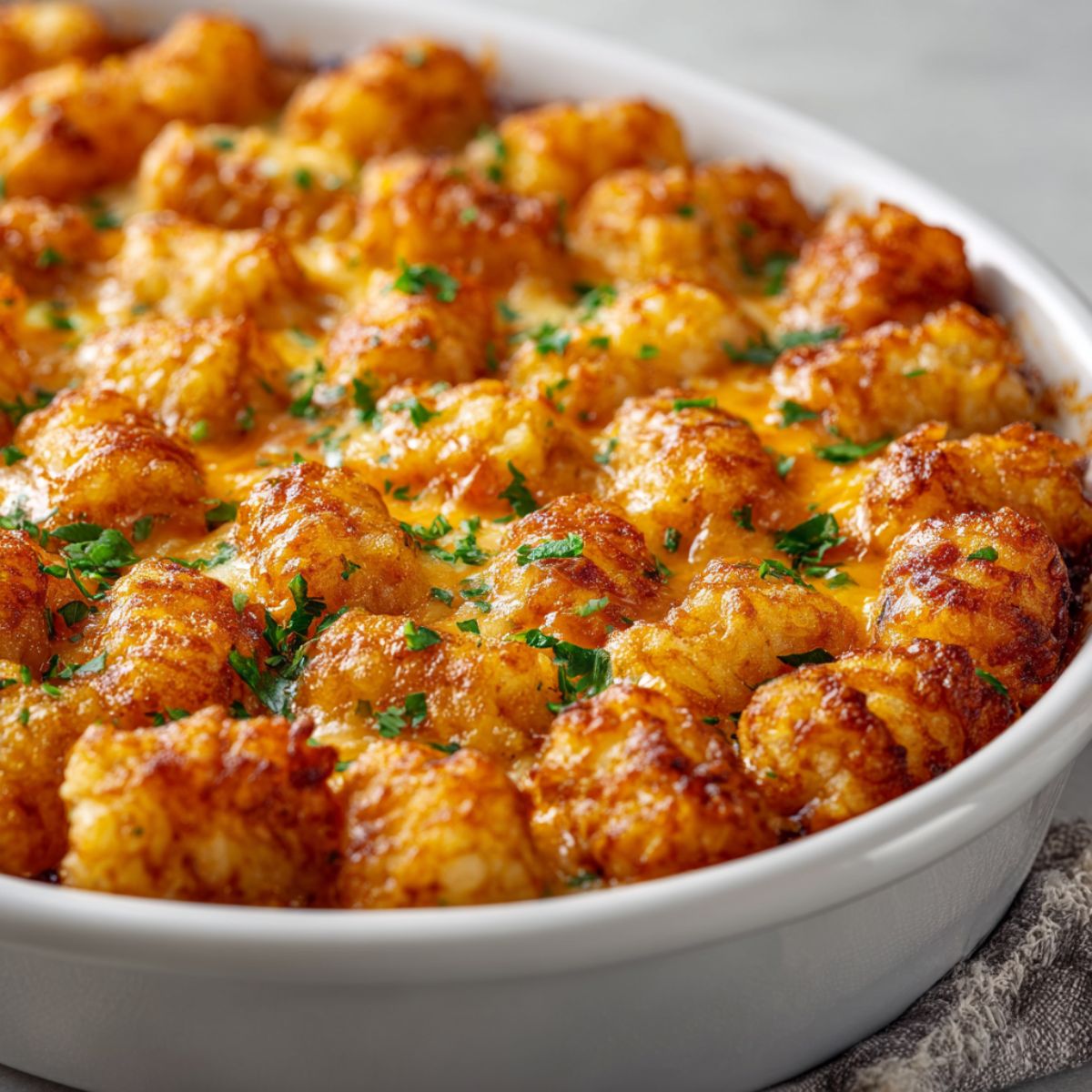 Homemade buffalo chicken tater tot casserole recipe with crispy golden tots and melted cheese on a white kitchen counter, photographed from above.
