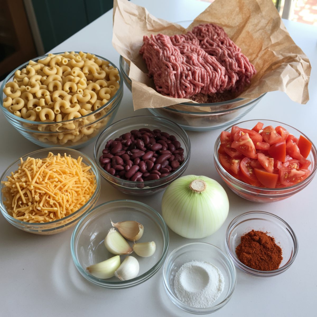 Overhead view of chili mac casserole ingredients on a white kitchen counter including elbow macaroni, ground beef, cheese, beans, tomatoes, onion, and spices.