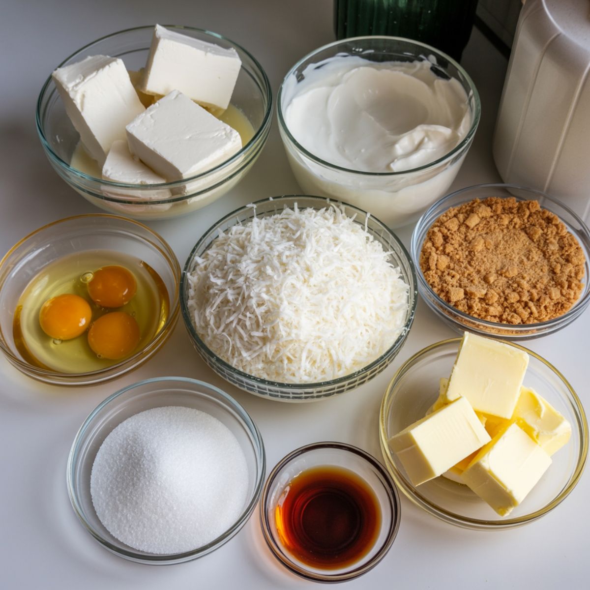Overhead photo of ingredients for coconut cream cheesecake laid out on a white kitchen counter in a casual homemade style.
