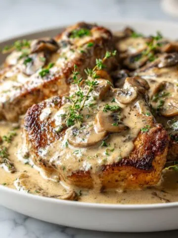 Homemade creamy mushroom pork chops recipe in a skillet on a white kitchen counter, topped with herbs in a rustic sauce.