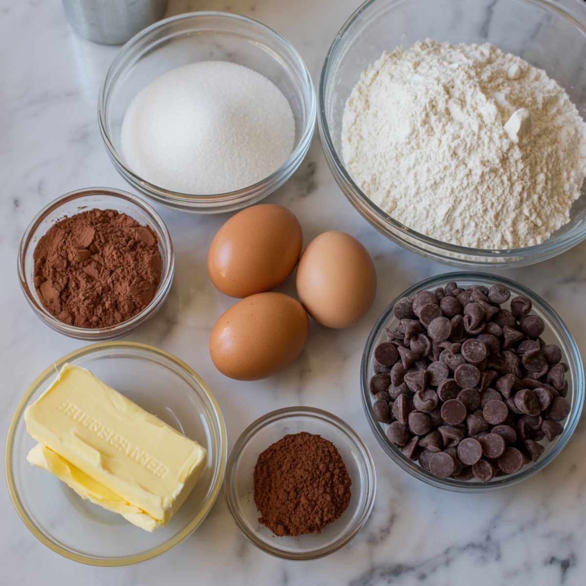 Espresso brownie ingredients — cocoa, flour, eggs, sugar, butter, espresso powder, and chocolate chips — laid out on a white marble counter, overhead view.