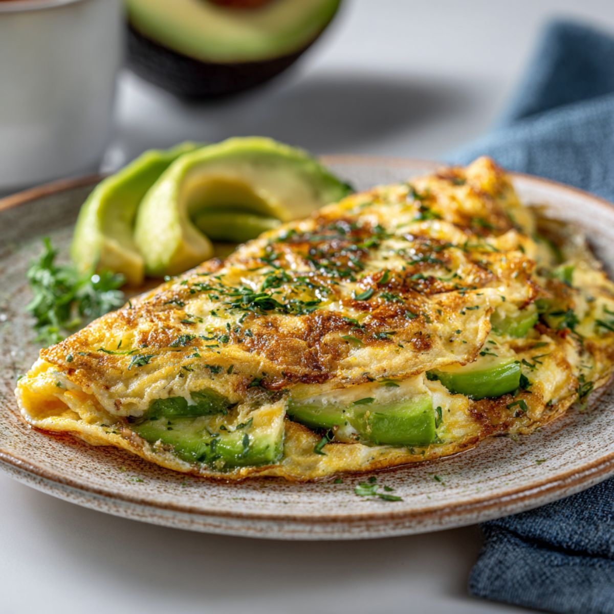 Homemade avocado omelette recipe on a rustic plate with creamy avocado slices, shot overhead on a white kitchen counter.