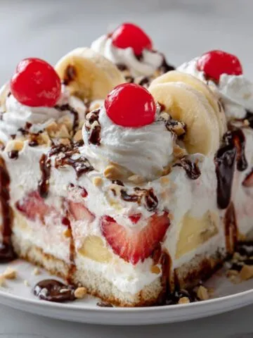 Homemade banana split ice cream cake recipe with layers of ice cream, bananas, strawberries, and whipped cream, casually photographed on a white kitchen counter from above.