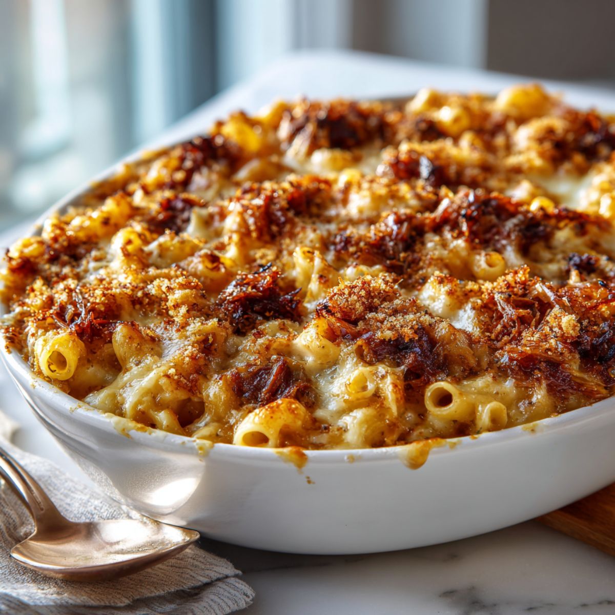Overhead view of homemade BBQ pulled pork mac and cheese recipe casserole with golden breadcrumbs and smoky pulled pork on a white kitchen counter.