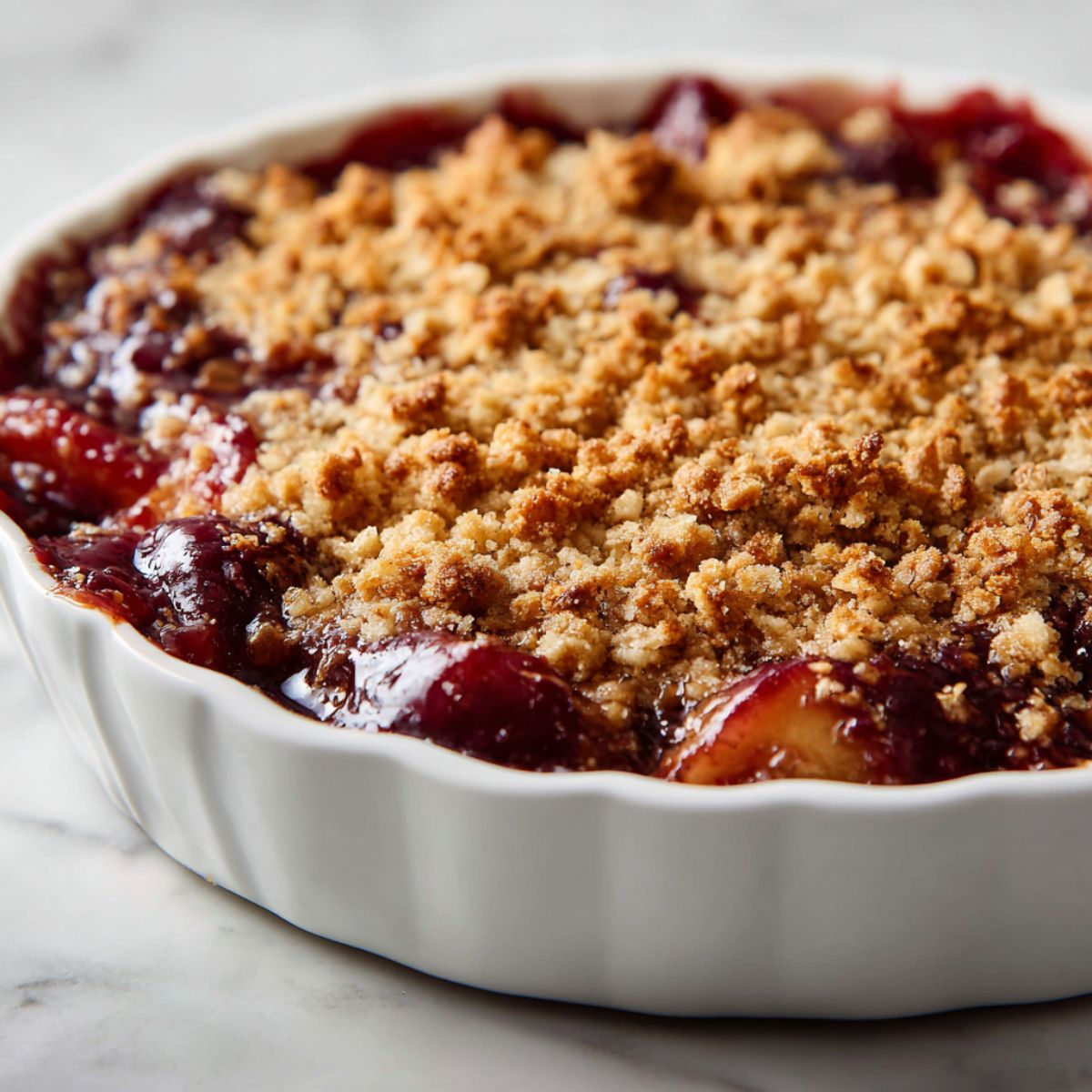 Homemade plum crisp recipe in a white ceramic baking dish with golden oat topping and bubbling plum filling, photographed overhead on a white kitchen counter.