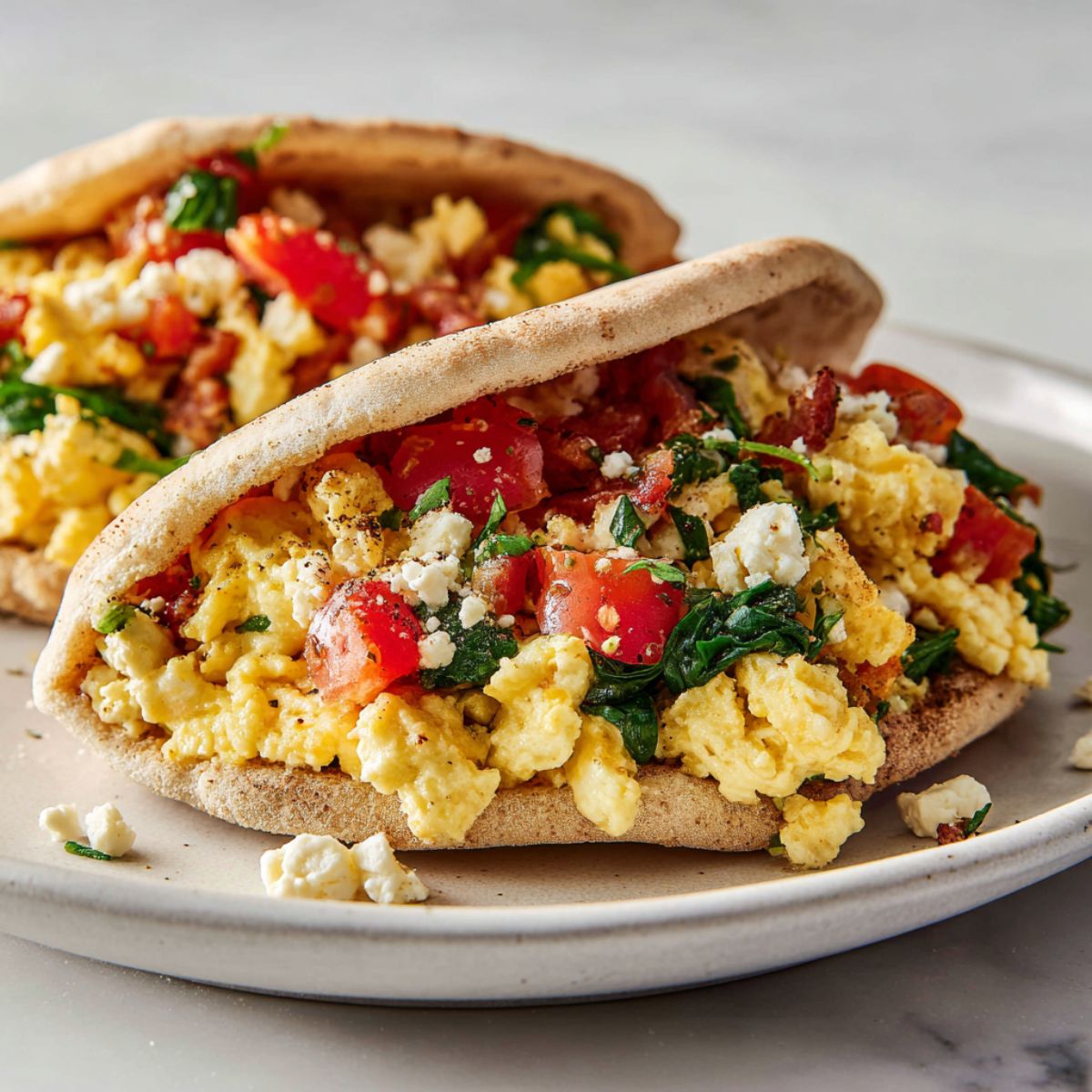 Overhead shot of a homemade breakfast pita recipe stuffed with eggs, tomatoes, spinach, and feta cheese on a white kitchen counter.