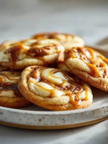 Homemade caramel cheesecake cookies recipe with gooey caramel swirls on a white marble counter, photographed from above.