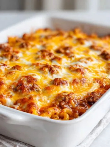 Homemade chili mac casserole recipe fresh from the oven with melted cheese bubbling on top in a white baking dish, overhead shot on a white kitchen counter.