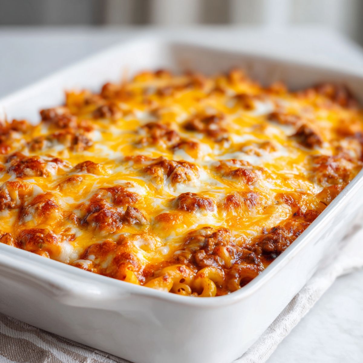 Homemade chili mac casserole recipe fresh from the oven with melted cheese bubbling on top in a white baking dish, overhead shot on a white kitchen counter.