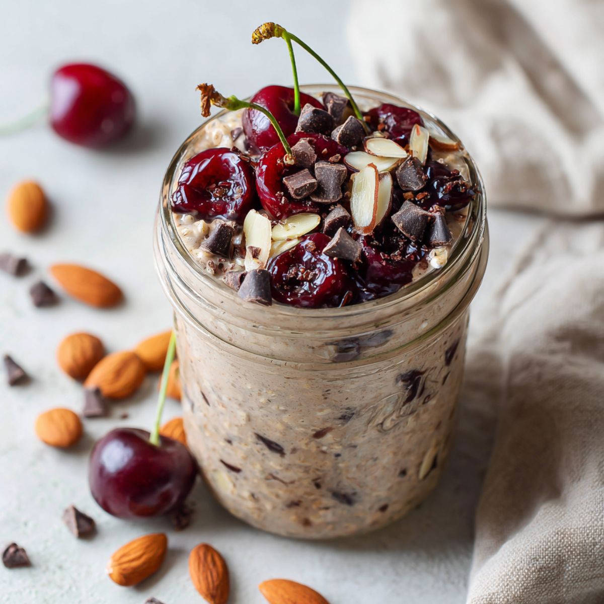 Homemade jar of chocolate cherry overnight oats recipe topped with cherries, chocolate chips, and almonds on a white kitchen counter, overhead view.