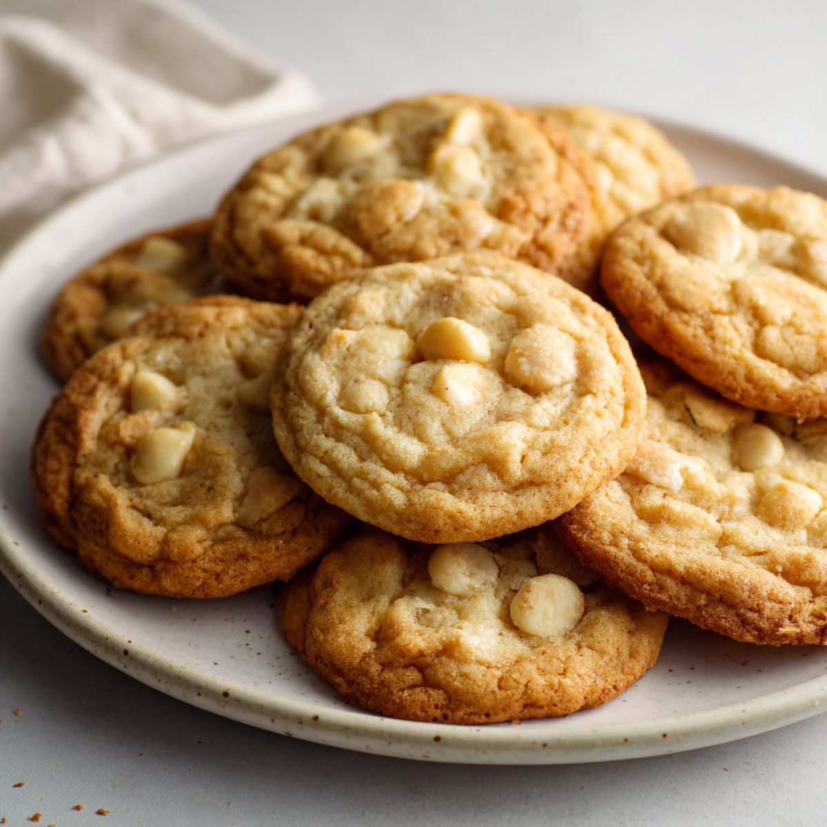 Homemade white chocolate macadamia cookies recipe on a white marble counter, overhead shot with crumbs and a rustic homemade feel.
