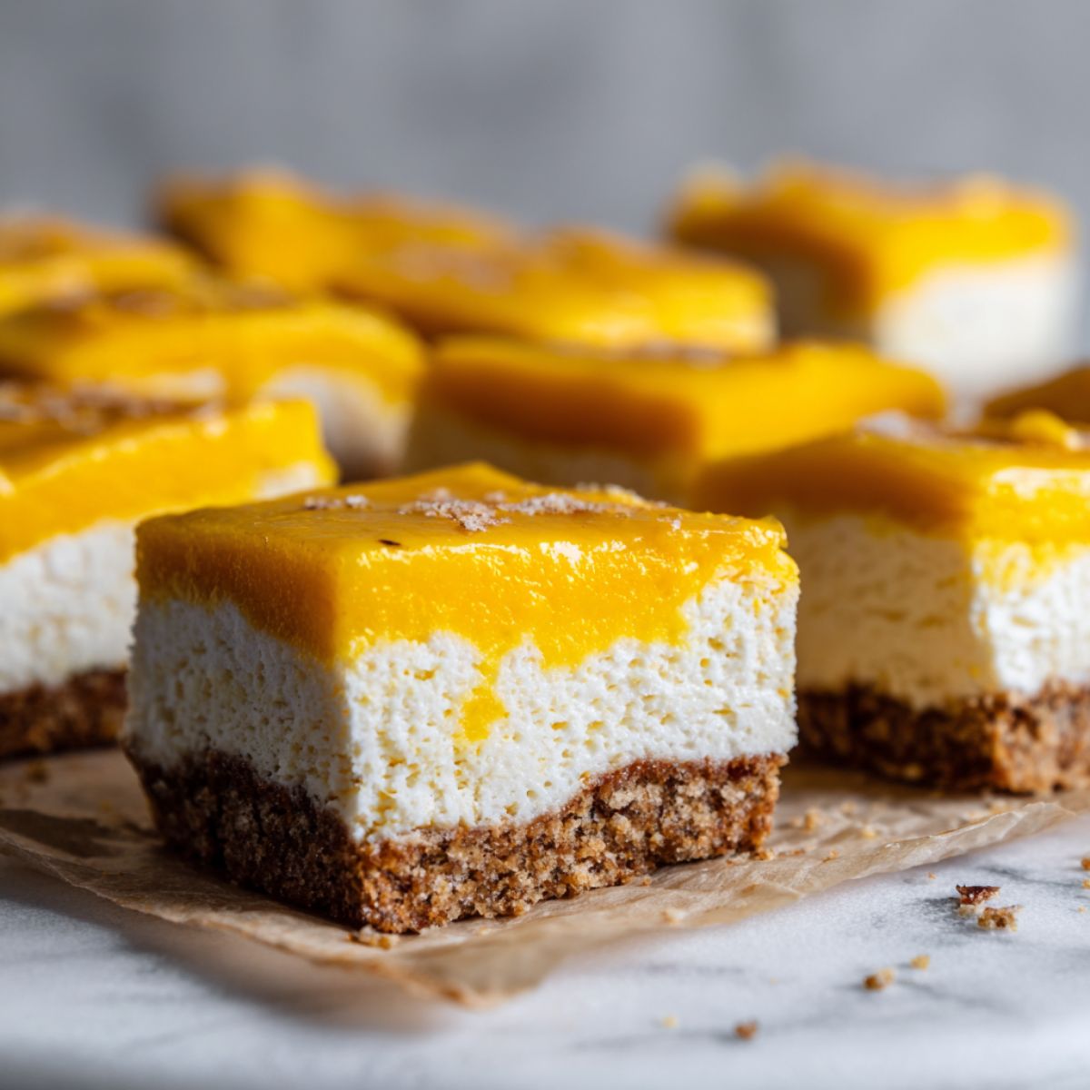 Homemade mango cheesecake bars recipe cut into rustic squares with creamy cheesecake and fresh mango topping on a white kitchen counter.