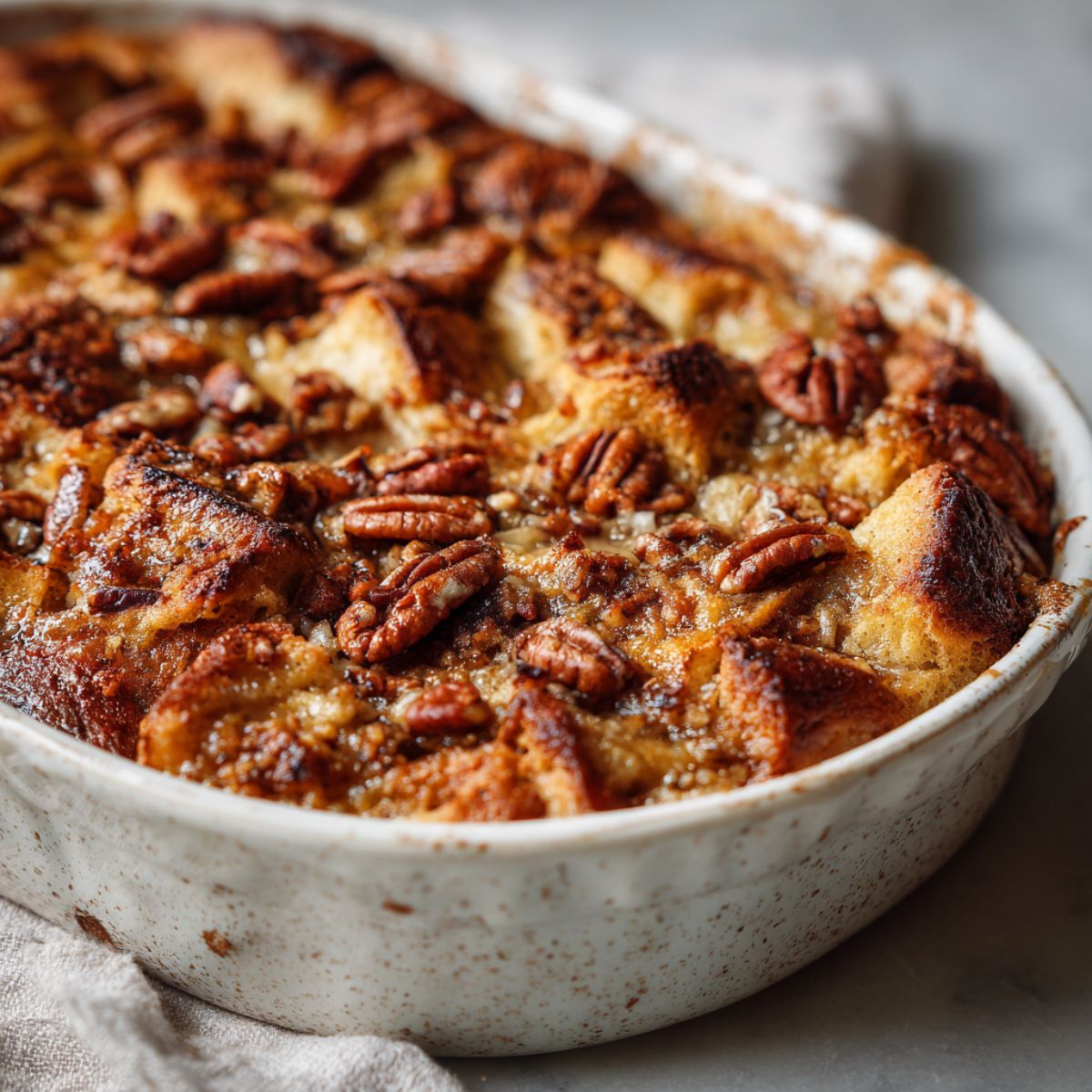 Homemade maple pecan bread pudding recipe in a rustic white baking dish on a white kitchen counter, topped with golden toasted pecans.