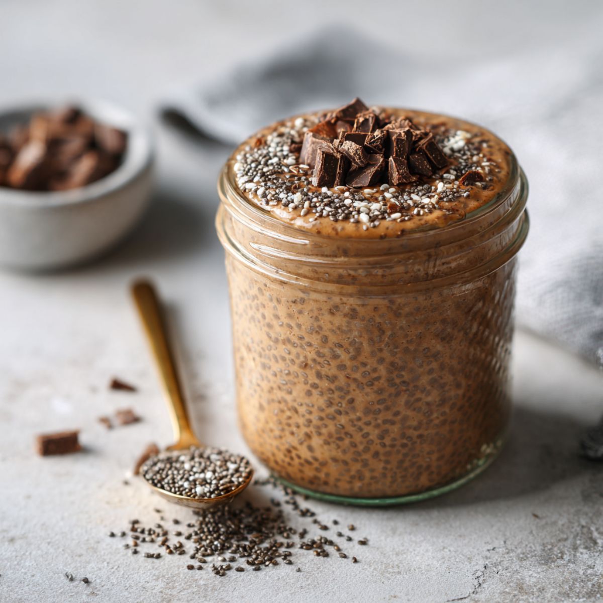 Overhead shot of a jar of mocha overnight oats recipe on a white kitchen counter with a spoon and scattered oats, looking homemade and rustic