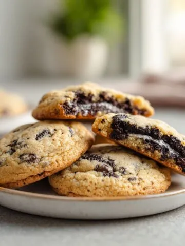 Overhead photo of homemade Oreo stuffed chocolate chip cookies recipe on a white kitchen counter with one cookie broken open showing the Oreo inside.