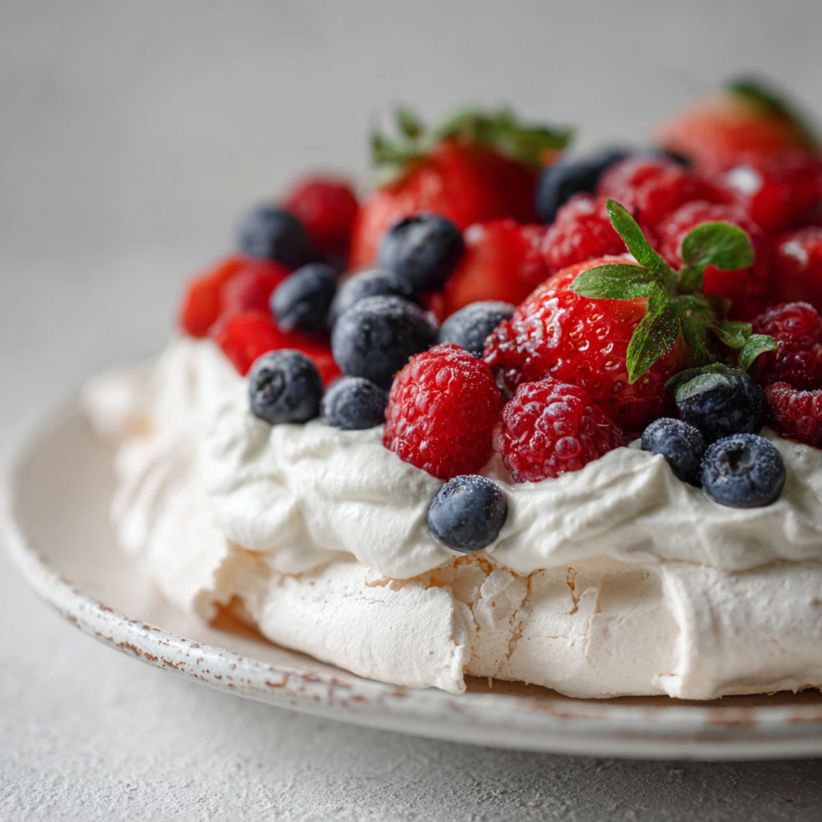 Homemade mixed berry pavlova recipe topped with fresh cream and berries on a white kitchen counter, photographed from above.