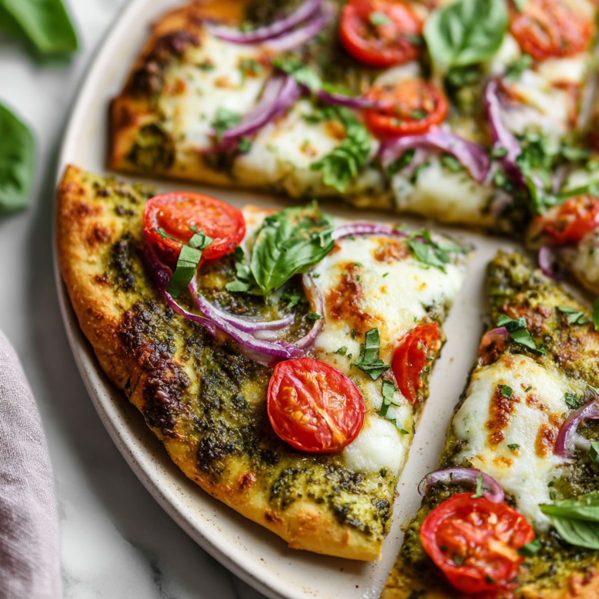 Homemade pesto flatbread pizza recipe topped with mozzarella, cherry tomatoes, and basil on a white kitchen counter, photographed from above.