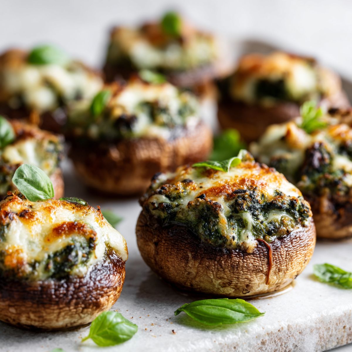Homemade pesto stuffed mushrooms recipe on a white kitchen counter with melted cheese and basil leaves, photographed from above in natural light.