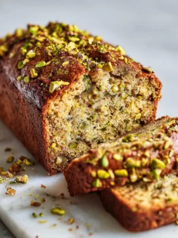 Overhead view of homemade pistachio banana bread recipe loaf on a white kitchen counter with slices cut to reveal a moist crumb and pistachio topping.
