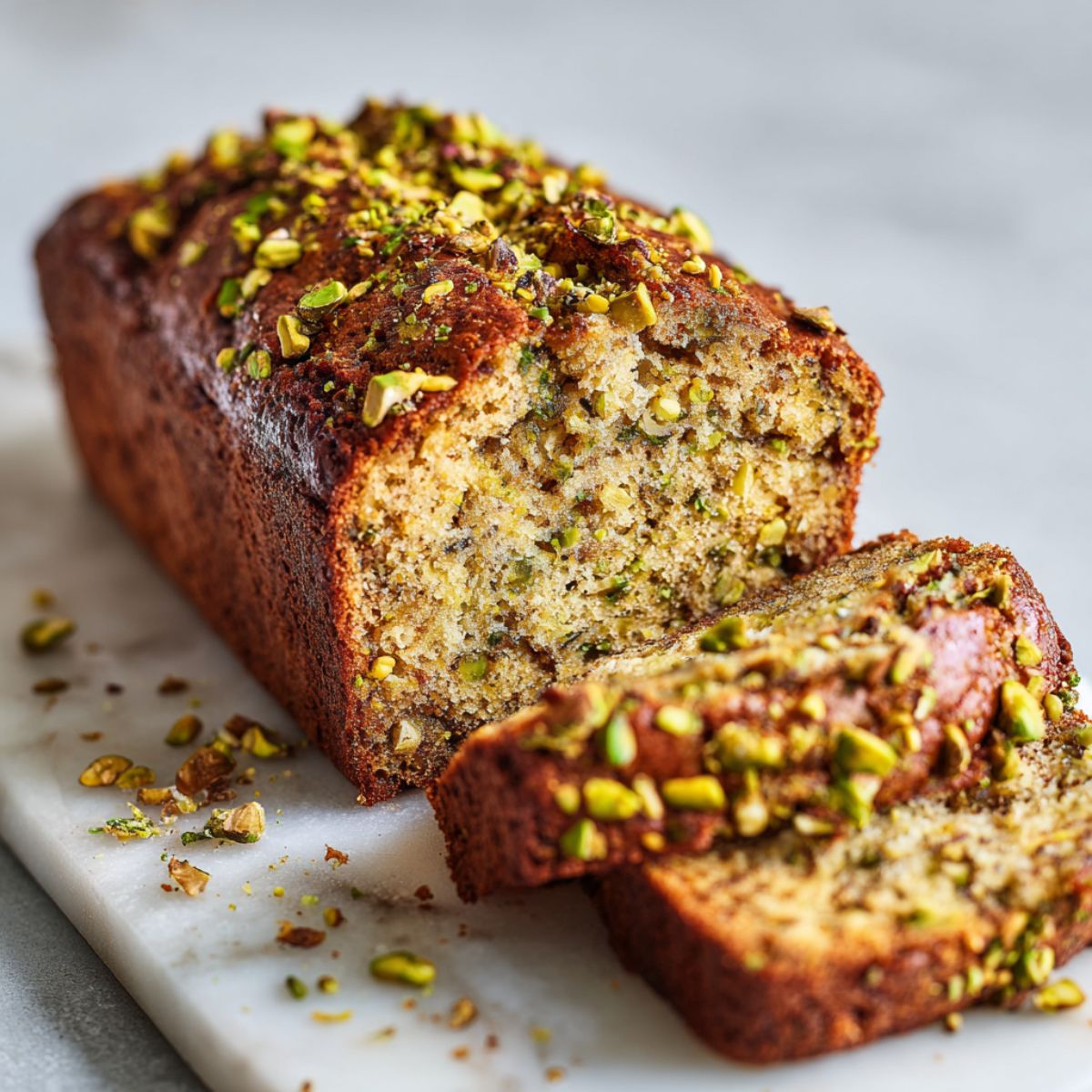 Overhead view of homemade pistachio banana bread recipe loaf on a white kitchen counter with slices cut to reveal a moist crumb and pistachio topping.