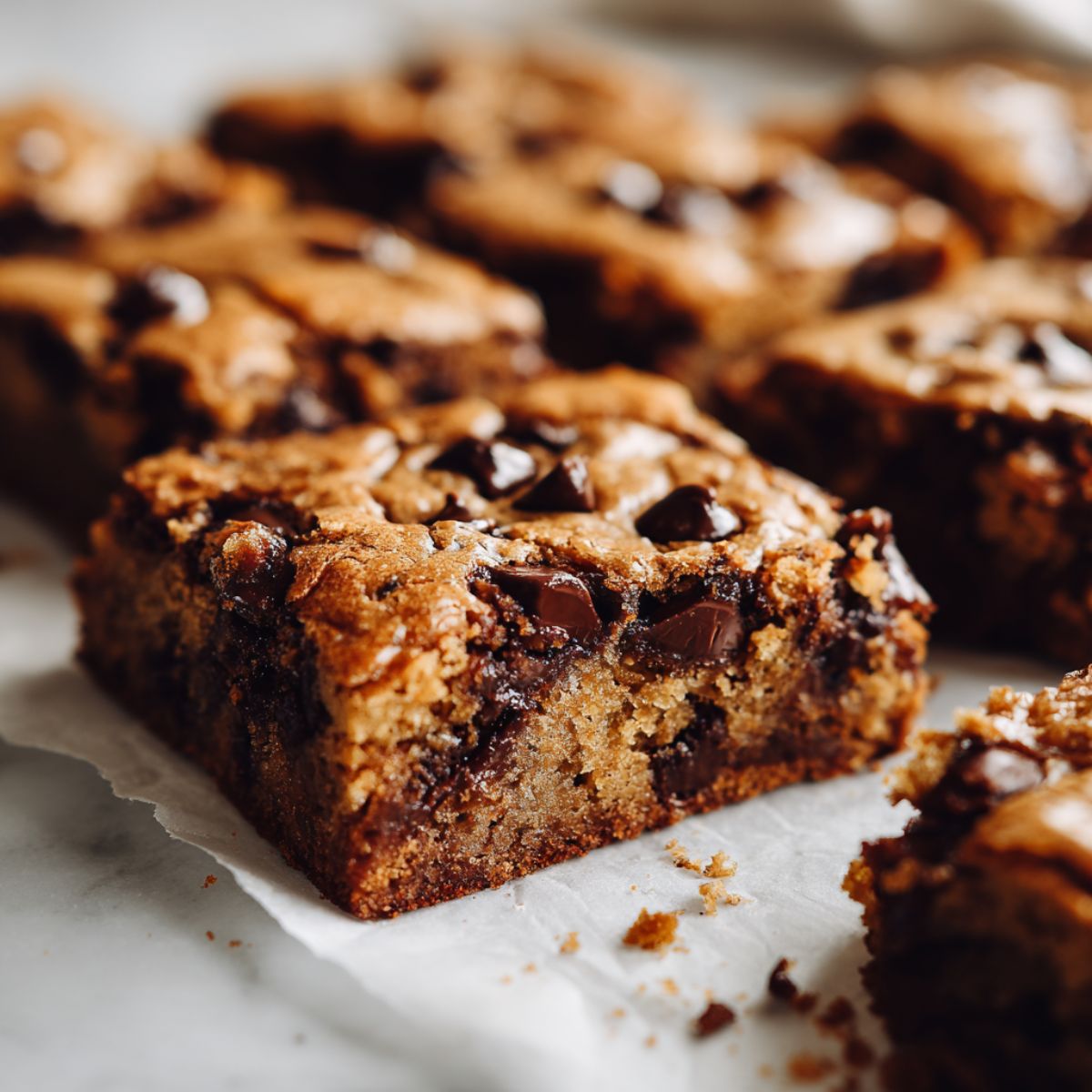 Overhead view of homemade chocolate chip blondies recipe cut into squares on parchment paper with melty chocolate chips on a white kitchen counter.