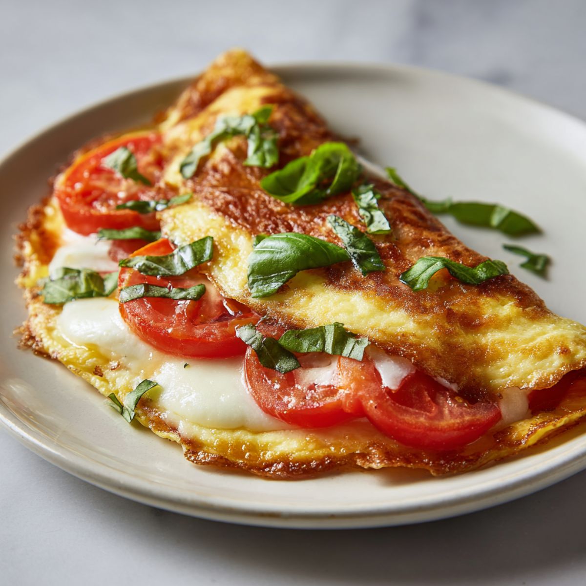 Overhead view of a homemade caprese omelette recipe with mozzarella, tomato, and basil on a white kitchen counter.