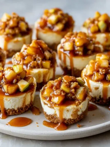 Overhead shot of homemade caramel apple cheesecake bites recipe on a white kitchen counter with caramel drizzle and apple topping, imperfectly styled to look homemade.