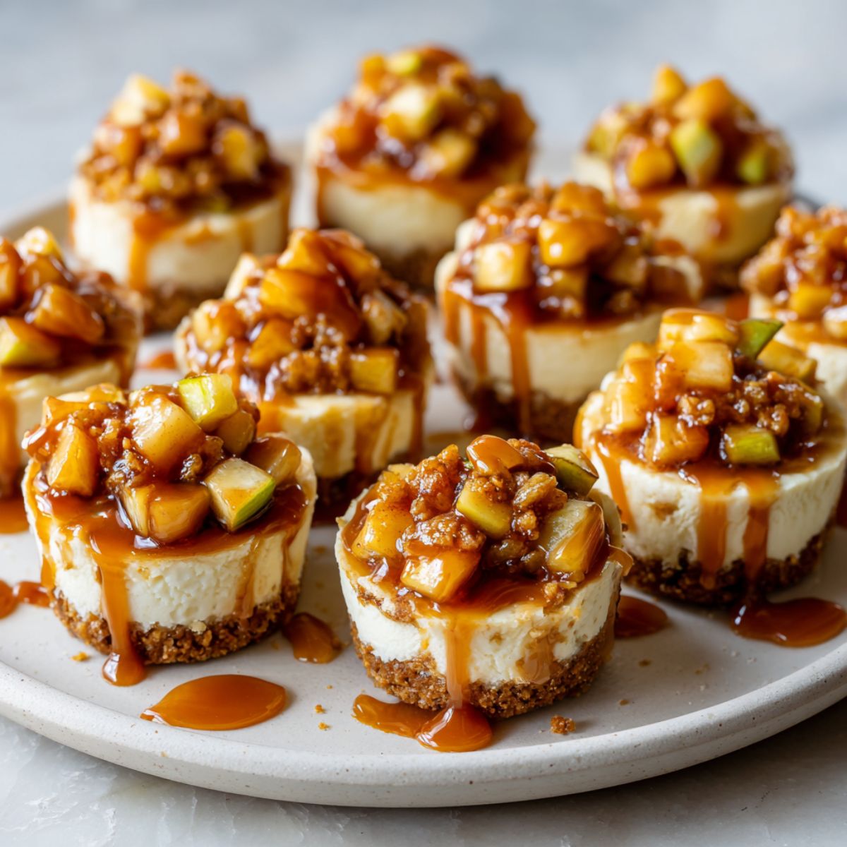 Overhead shot of homemade caramel apple cheesecake bites recipe on a white kitchen counter with caramel drizzle and apple topping, imperfectly styled to look homemade.