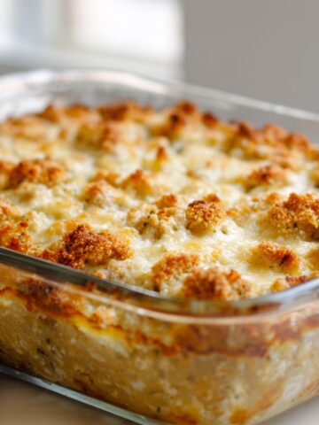 Homemade cheesy turkey casserole recipe in a glass baking dish with golden melted cheese and crispy topping on a white kitchen counter, photographed from above.