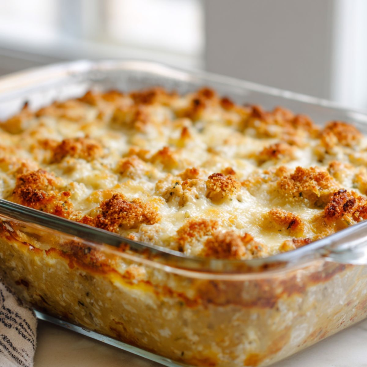 Homemade cheesy turkey casserole recipe in a glass baking dish with golden melted cheese and crispy topping on a white kitchen counter, photographed from above.