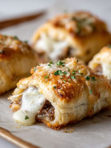 Overhead view of freshly baked cheesesteak roll-ups recipe on a parchment-lined baking sheet, golden brown with melted cheese oozing out, homemade and imperfect on a white kitchen counter.