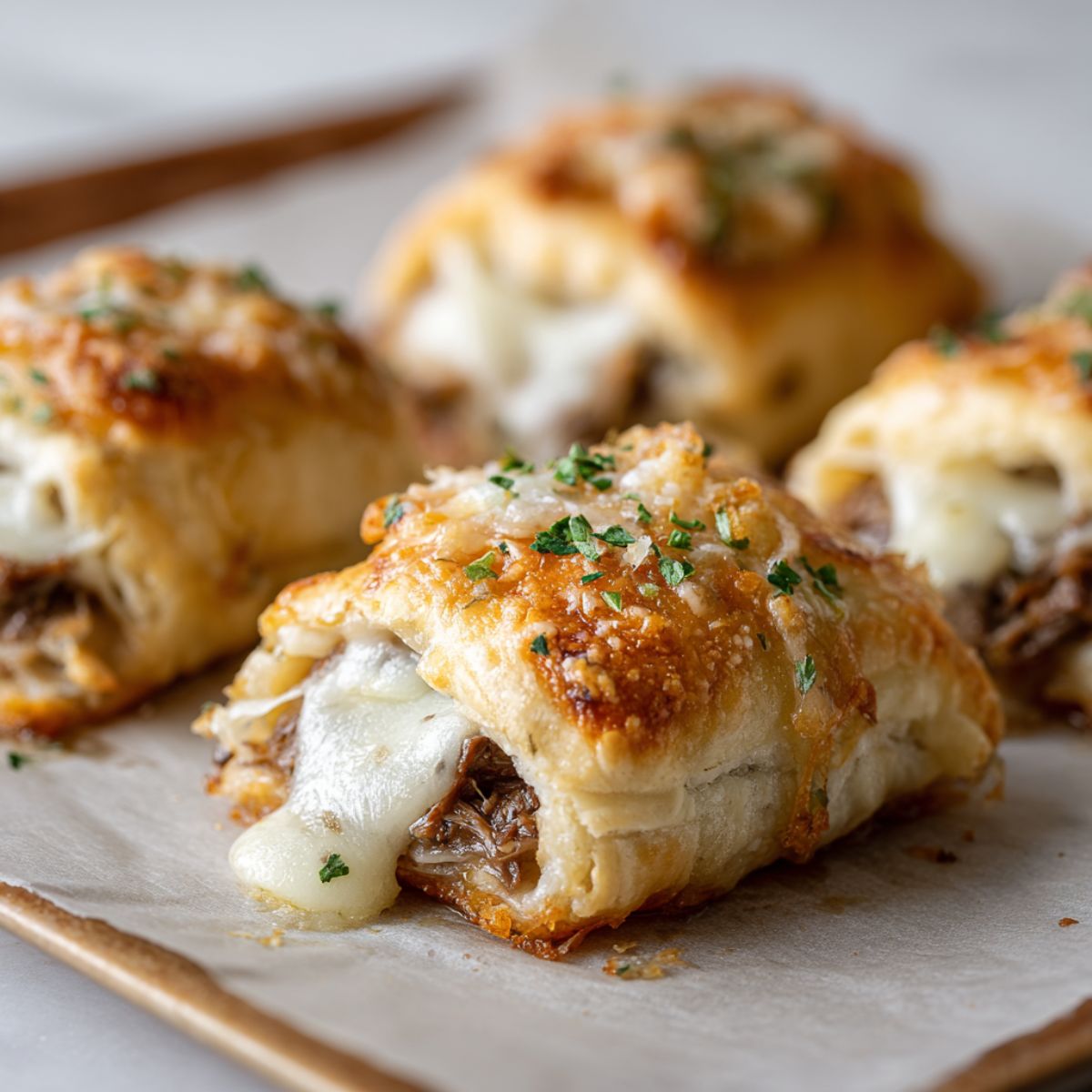 Overhead view of freshly baked cheesesteak roll-ups recipe on a parchment-lined baking sheet, golden brown with melted cheese oozing out, homemade and imperfect on a white kitchen counter.