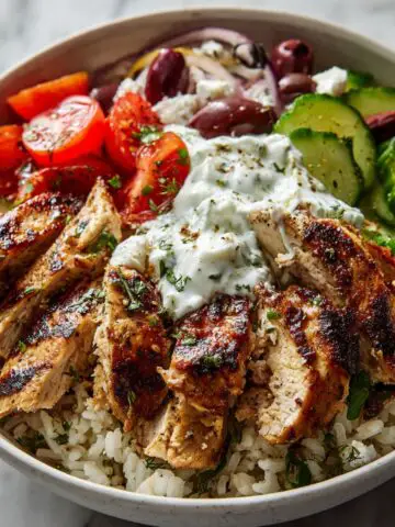 Homemade chicken gyro bowl recipe with grilled chicken, rice, cucumbers, tomatoes, olives, feta, and tzatziki on a white kitchen counter, overhead shot.