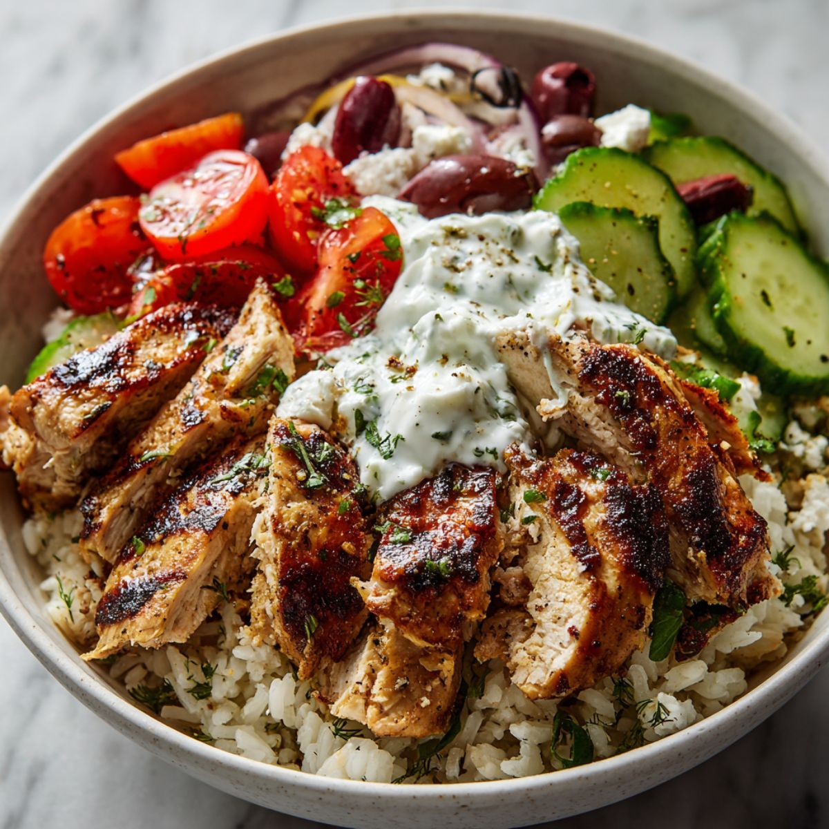 Homemade chicken gyro bowls recipe with grilled chicken, rice, cucumbers, tomatoes, olives, feta, and tzatziki on a white kitchen counter, overhead shot.