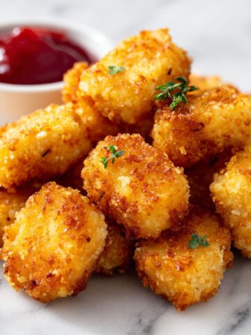 Homemade crispy chicken nuggets recipe served on a white kitchen counter with ketchup dipping sauce, photographed from above in a casual homemade style.