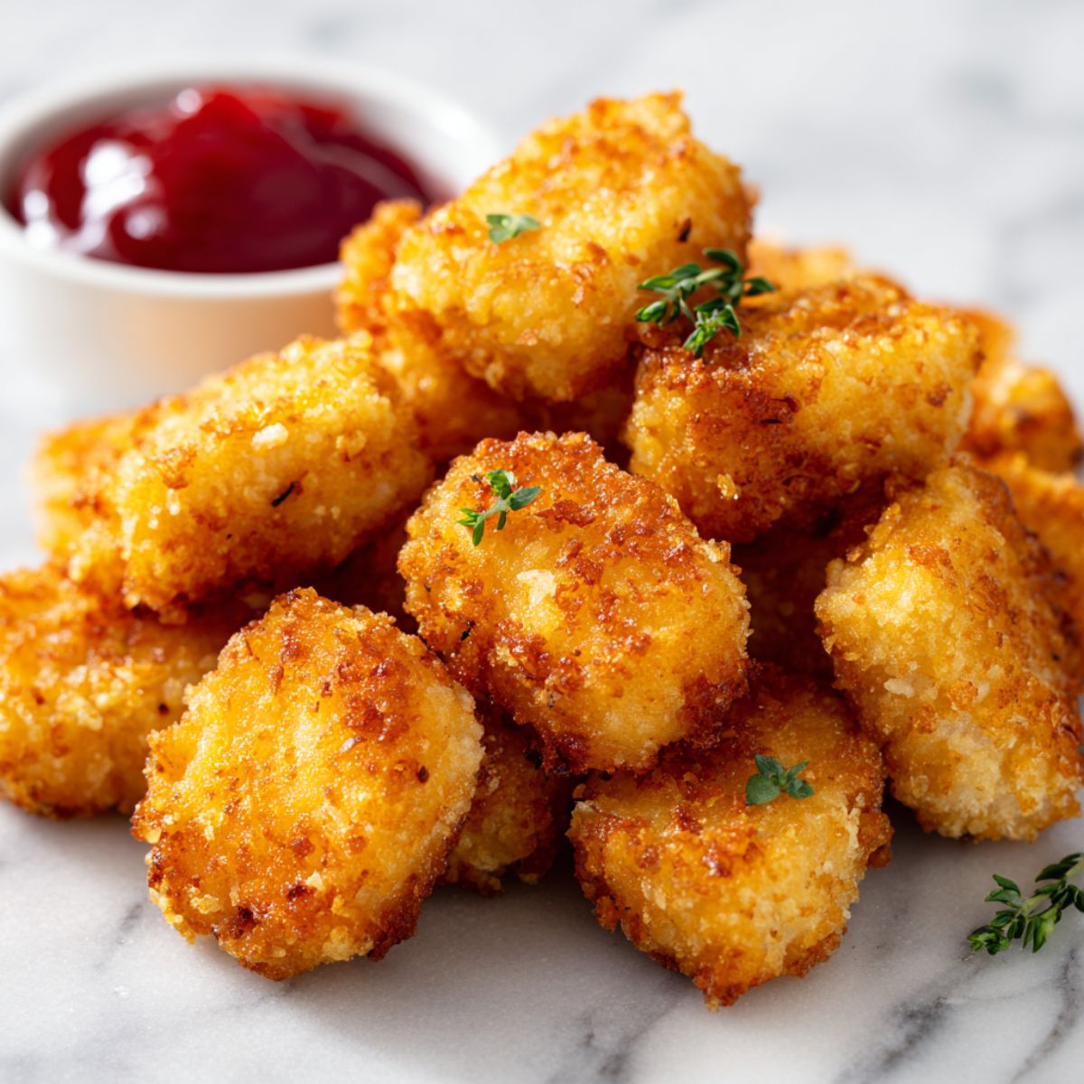 Homemade crispy chicken nuggets recipe served on a white kitchen counter with ketchup dipping sauce, photographed from above in a casual homemade style.