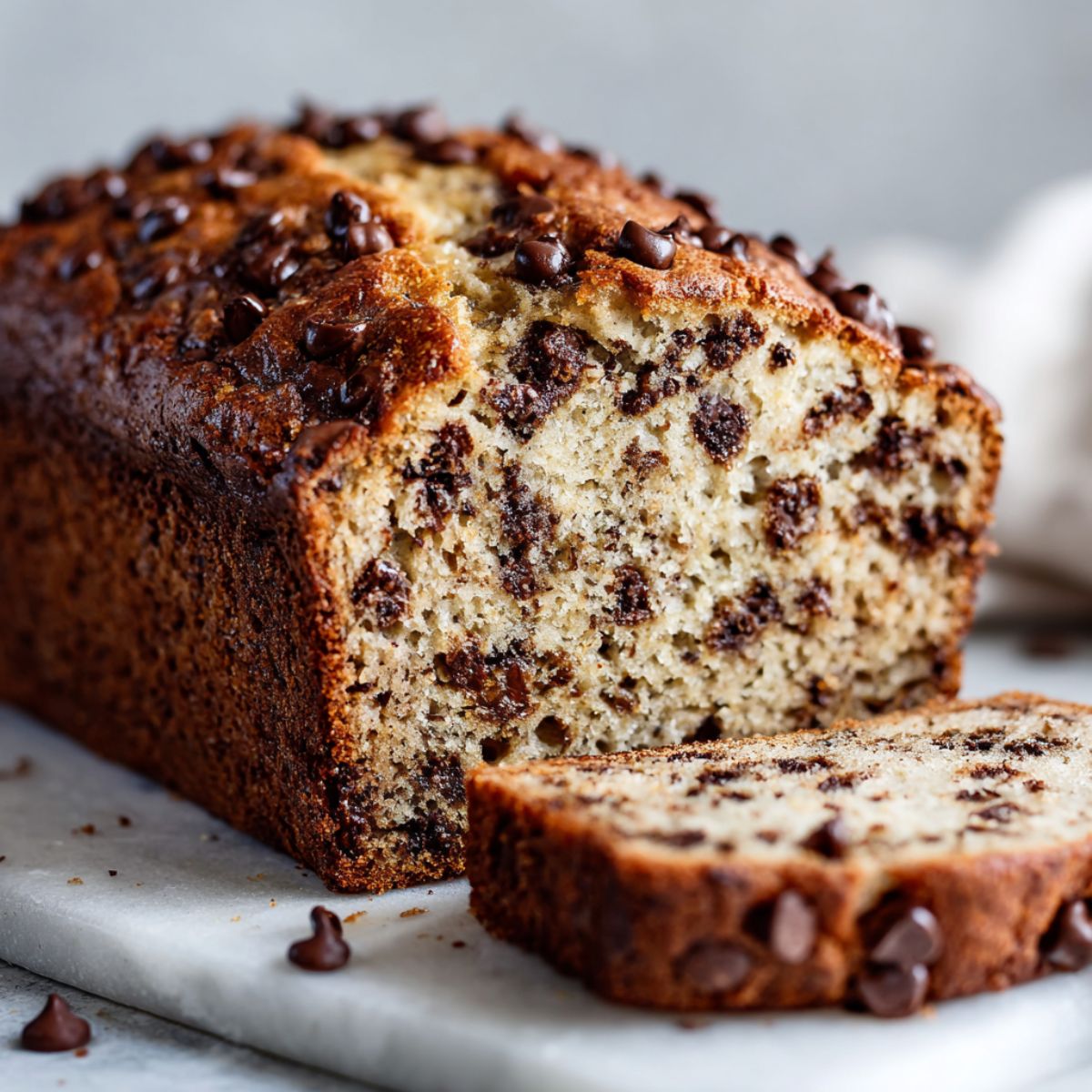 Homemade chocolate chip banana bread recipe loaf sliced on a white kitchen counter with chocolate chips visible inside, photographed from above.