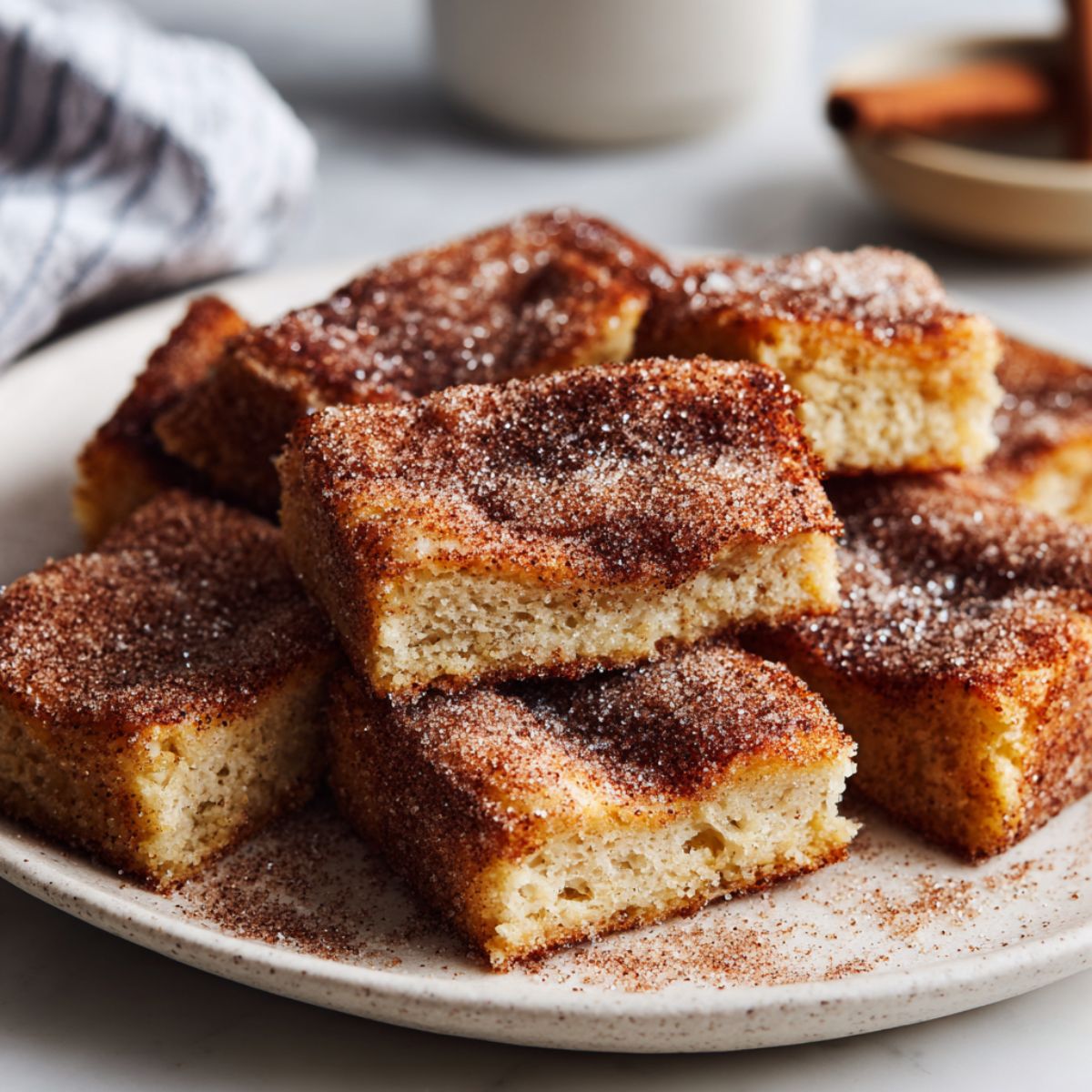 Homemade churro bars recipe dusted with cinnamon sugar on a white kitchen counter, cut into imperfect squares with a rustic, homemade look.