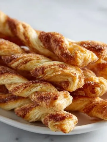 Homemade puff pastry cinnamon twists recipe on a baking sheet, golden brown with cinnamon sugar scattered on a white kitchen counter.