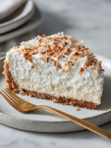 Homemade coconut cream cheesecake recipe on a white counter with a slice pulled out, rustic and natural look.
