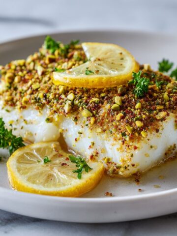 Homemade pistachio crusted cod fillet recipe with lemon wedges and parsley on a white plate, photographed overhead on a white marble counter.