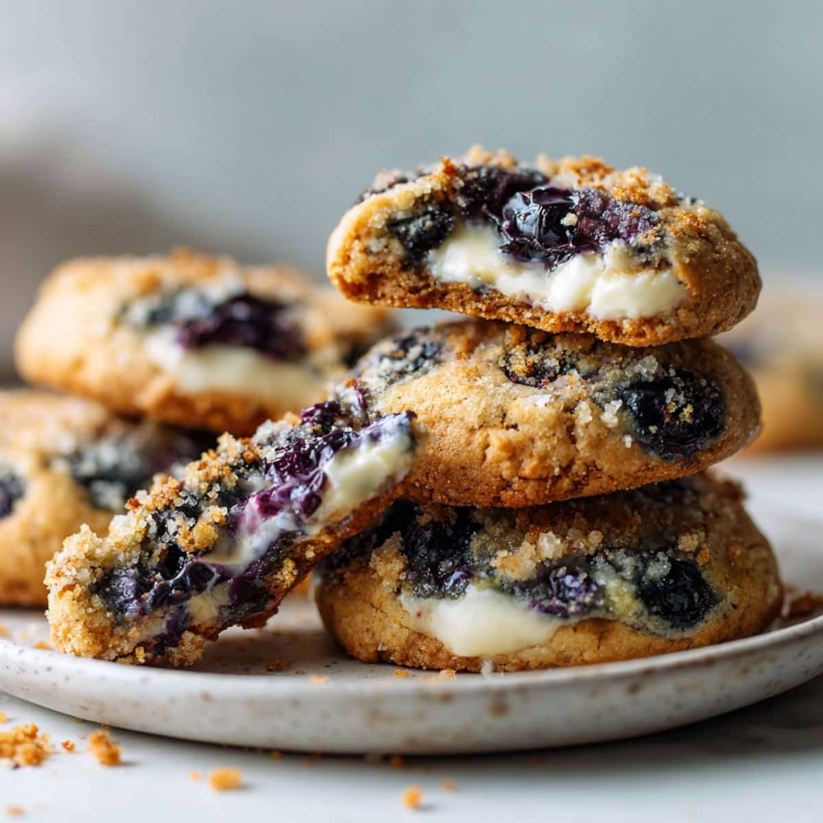Homemade blueberry cheesecake cookies recipe on a white marble counter, with cheesecake filling and blueberries visible.