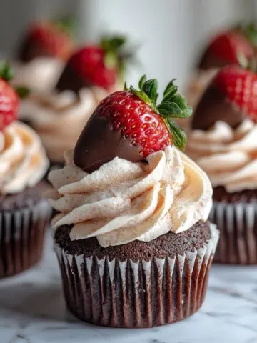 Homemade chocolate covered strawberry cupcakes recipe with fresh strawberry frosting and dipped strawberries on top, photographed overhead on a white kitchen counter.